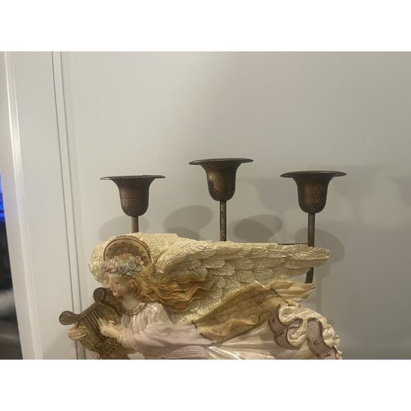 VTG Candleholder Candelabra Candle Holder Resin Harp Cherub Angel Flight Bronze - Picture 7 of 9